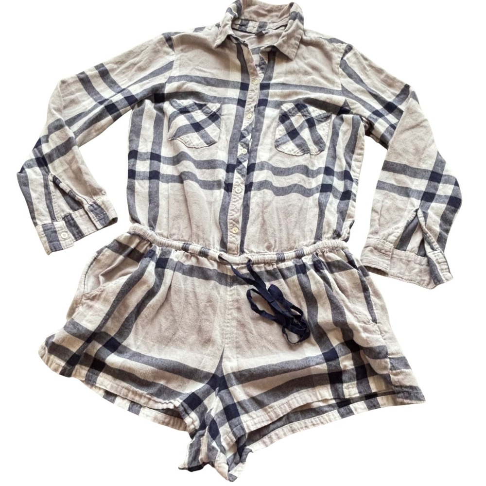 Aerie Plaid Romper Womens L Blue Gray Flannel Button Up Loungewear Pajamacore